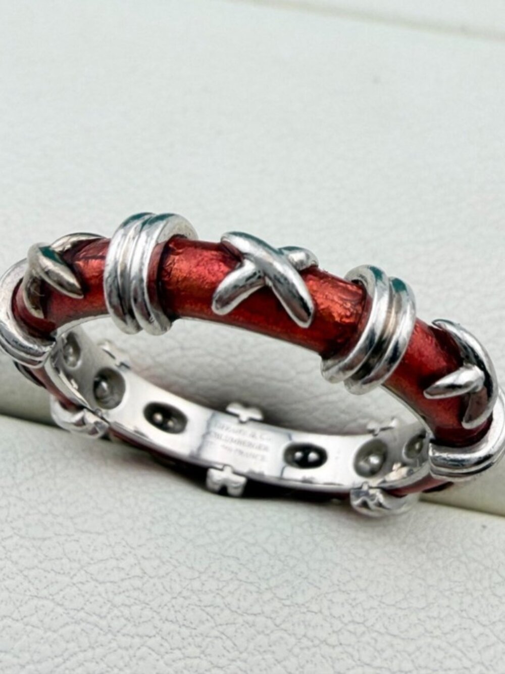 Tiffany & Co. Schlumberger Croisillon Ring Red Paillonne Enamel 18k Gold Sz 5.5